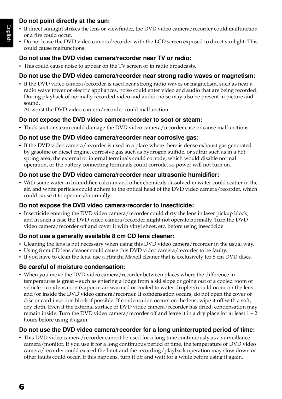 Hitachi DZBX35A Do not point directly at the sun, Do not use the DVD video camera/recorder near TV or radio 