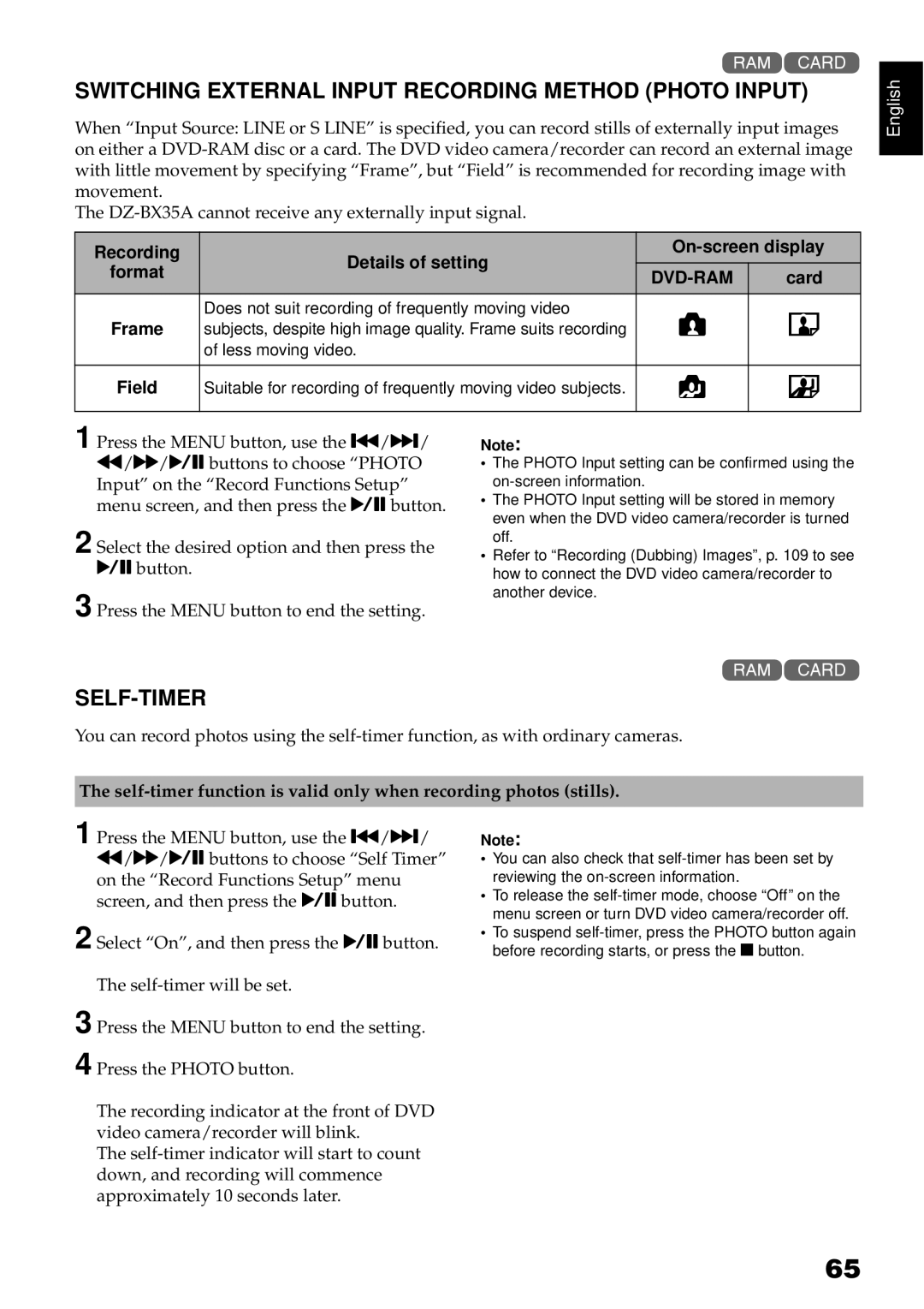 Hitachi DZBX35A instruction manual Switching External Input Recording Method Photo Input, Self-Timer 