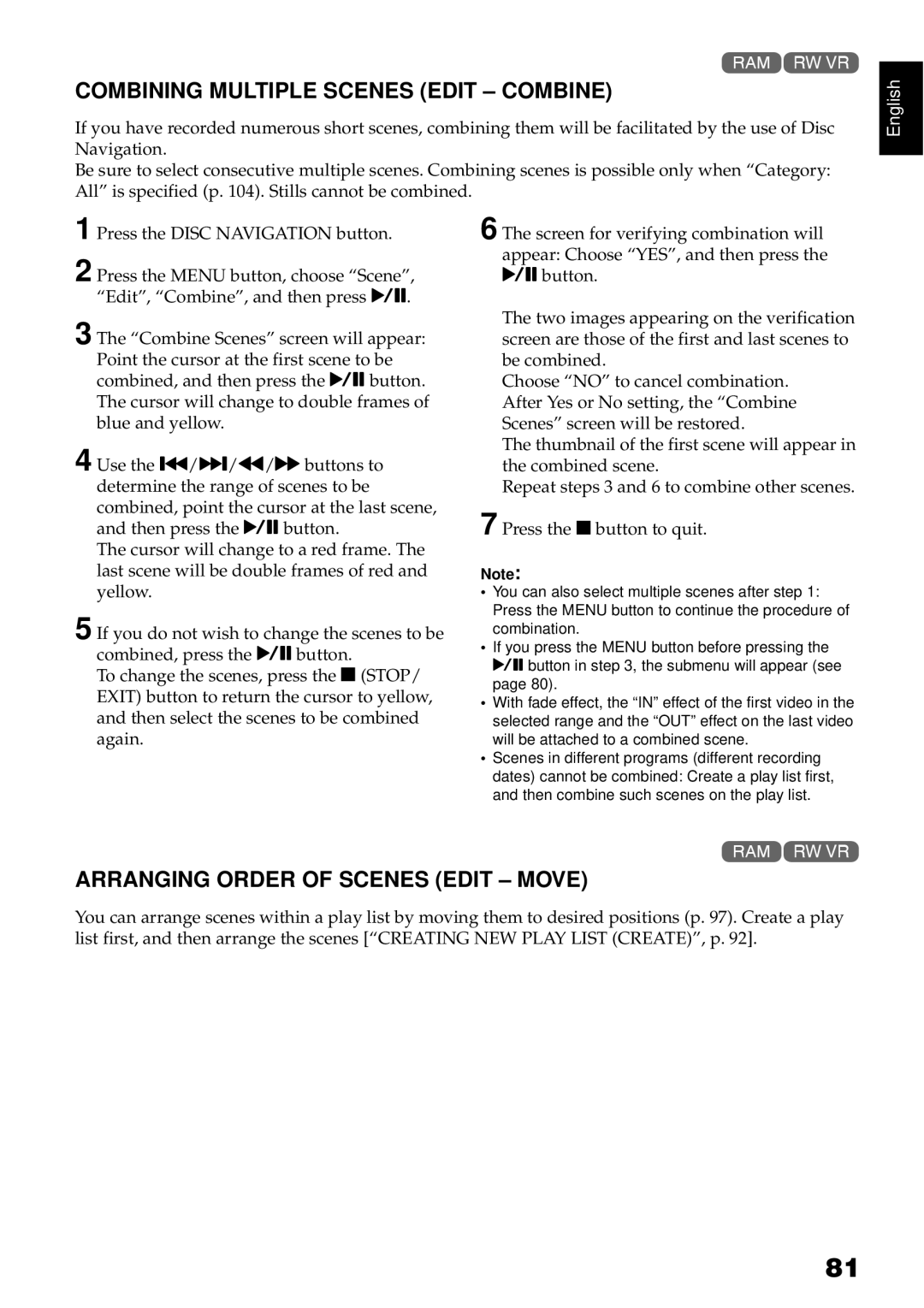 Hitachi DZBX35A instruction manual Combining Multiple Scenes Edit Combine, Arranging Order of Scenes Edit Move 