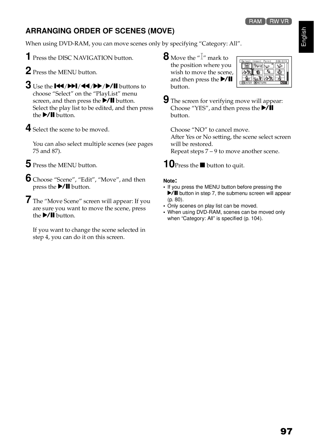 Hitachi DZBX35A instruction manual Arranging Order of Scenes Move 