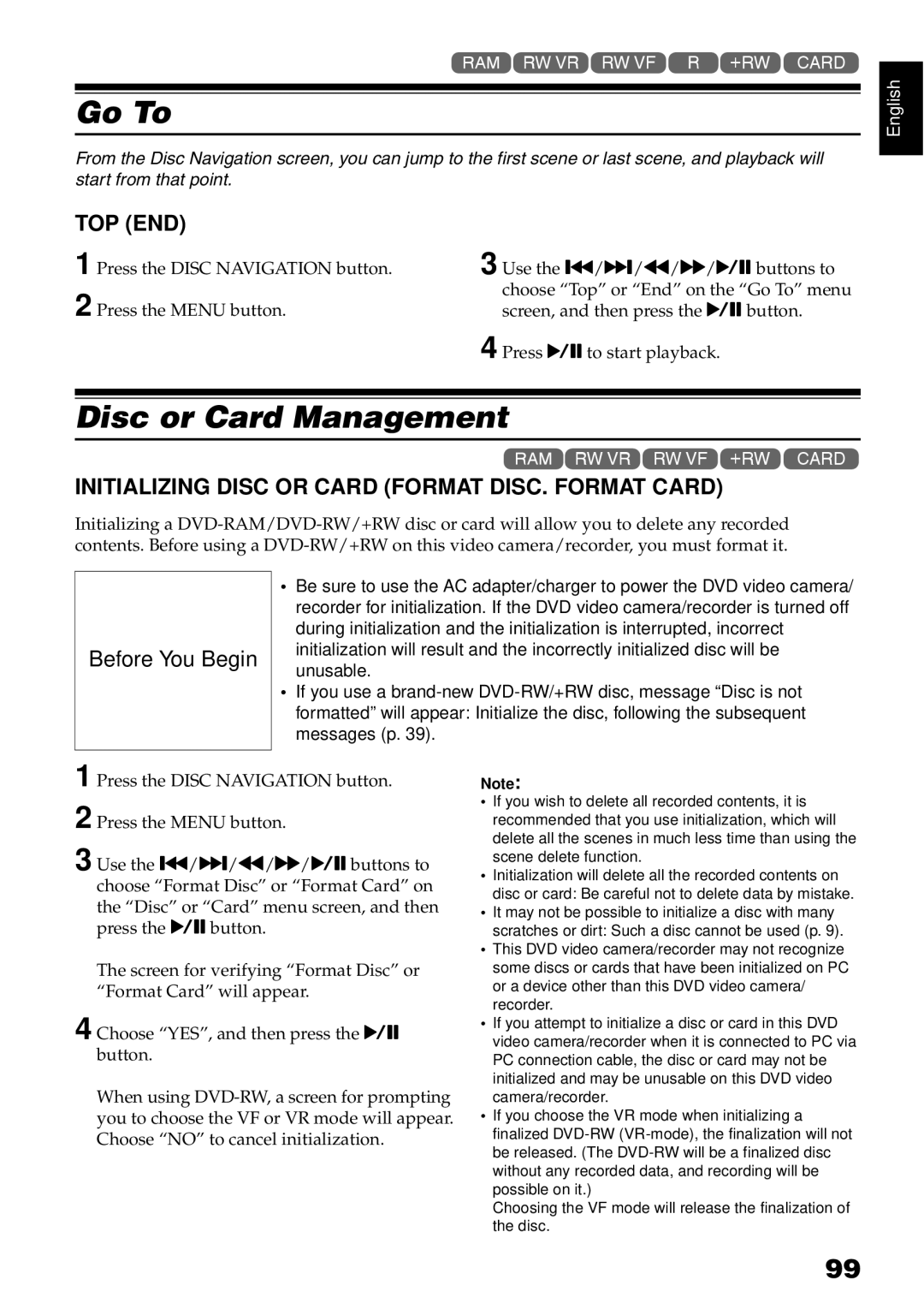 Hitachi DZBX35A Go To, Disc or Card Management, Top End, Initializing Disc or Card Format DISC. Format Card 