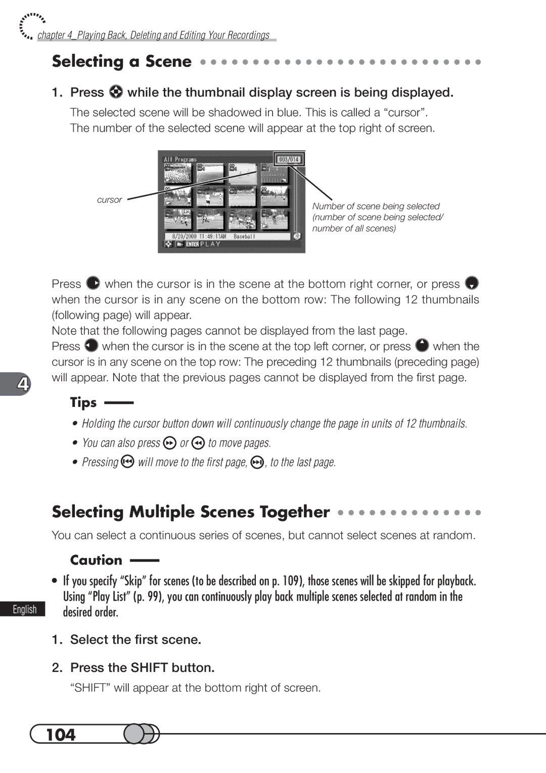 Hitachi DZMV100A instruction manual Selecting a Scene, Selecting Multiple Scenes Together, 104 