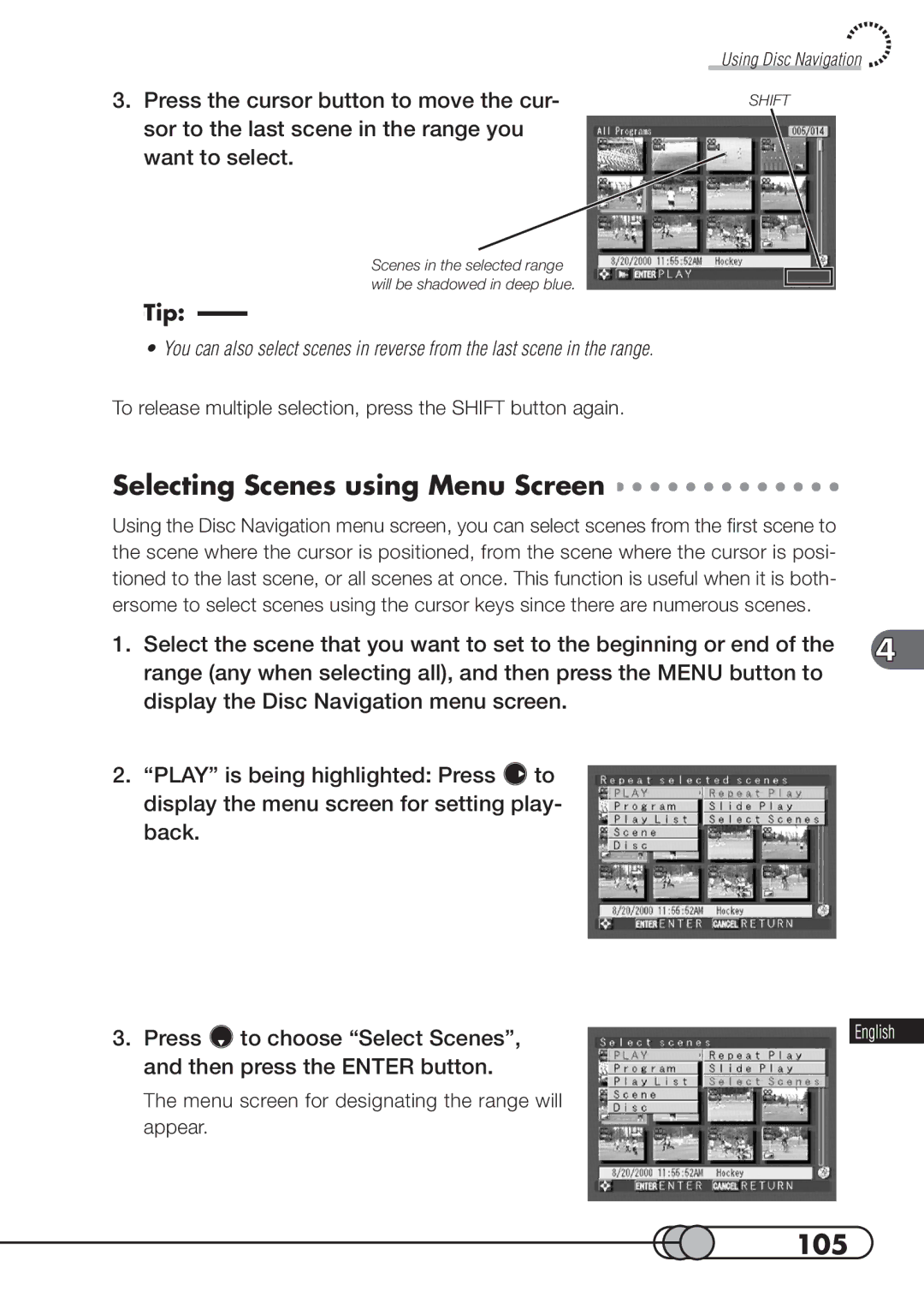 Hitachi DZMV100A instruction manual Selecting Scenes using Menu Screen, 105 