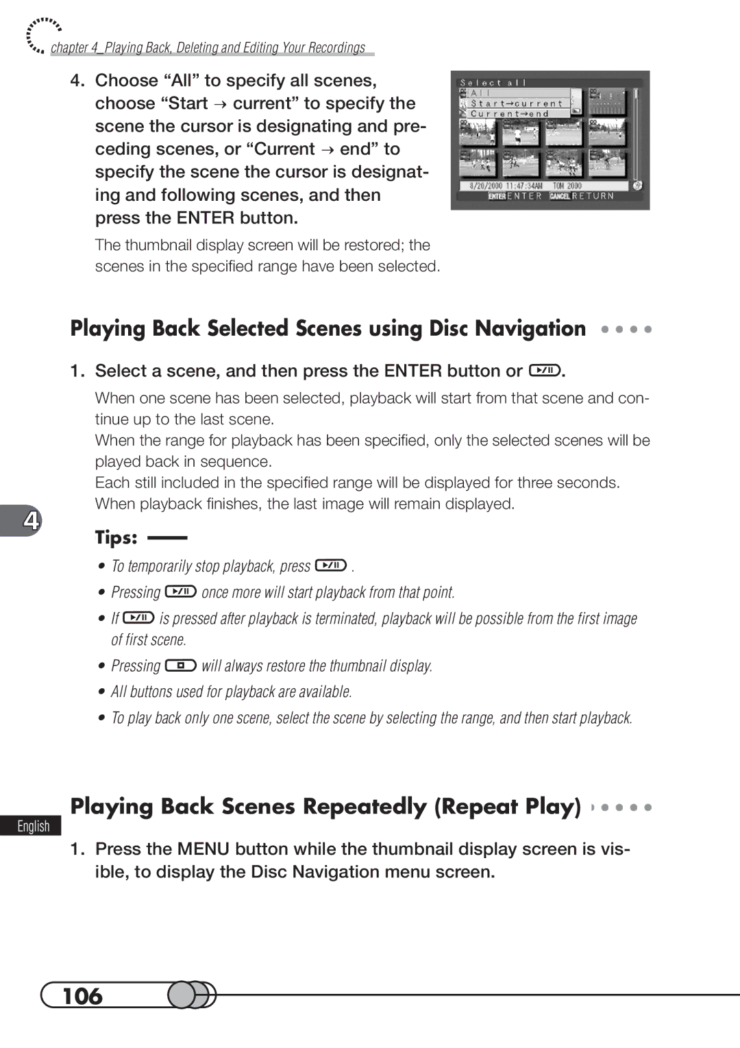 Hitachi DZMV100A Playing Back Selected Scenes using Disc Navigation, Playing Back Scenes Repeatedly Repeat Play, 106 