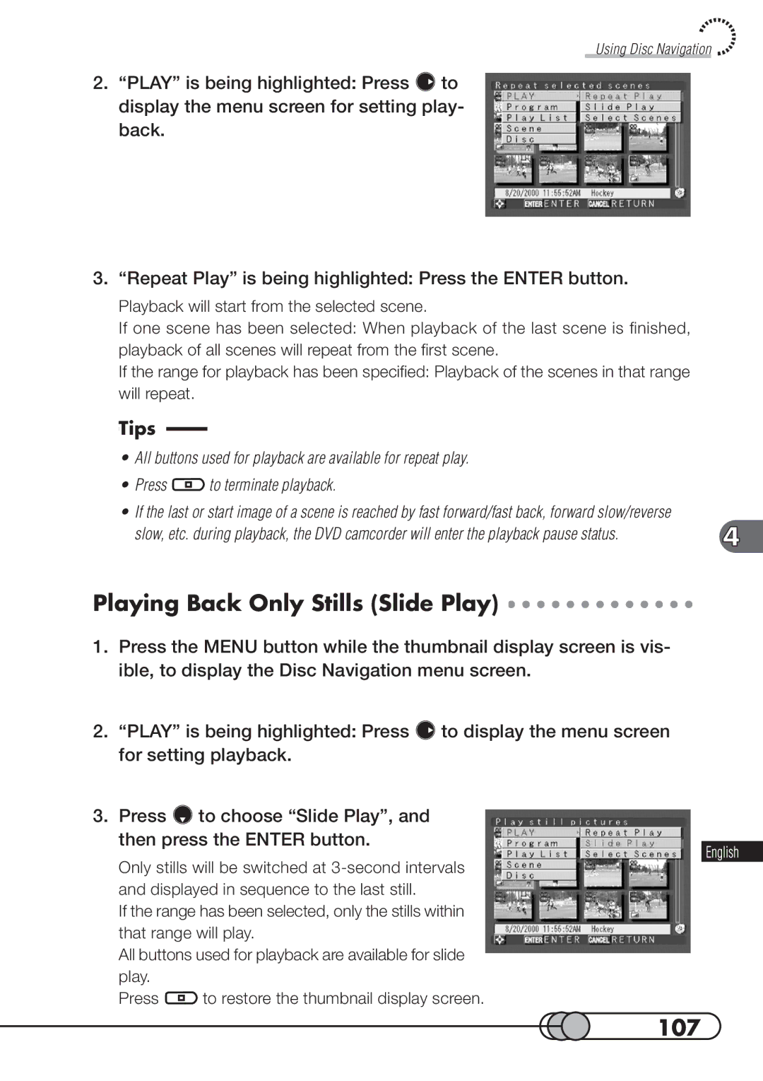 Hitachi DZMV100A instruction manual Playing Back Only Stills Slide Play, 107 