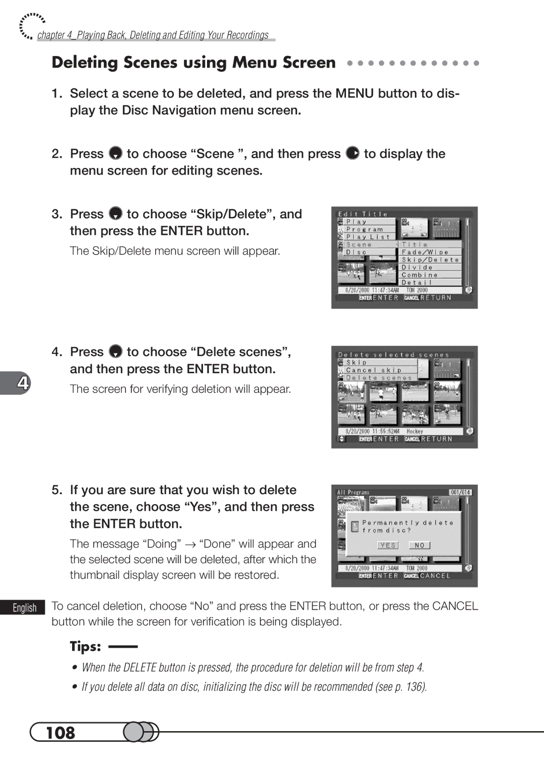 Hitachi DZMV100A instruction manual Deleting Scenes using Menu Screen, 108 