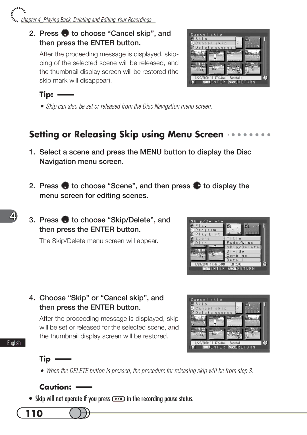 Hitachi DZMV100A instruction manual Setting or Releasing Skip using Menu Screen, 110 