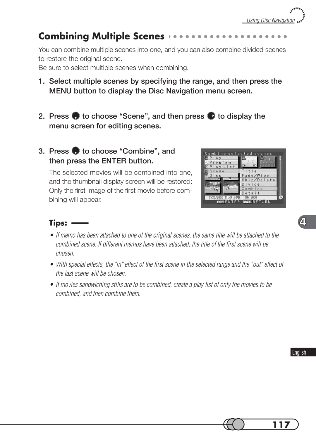 Hitachi DZMV100A instruction manual Combining Multiple Scenes, 117 