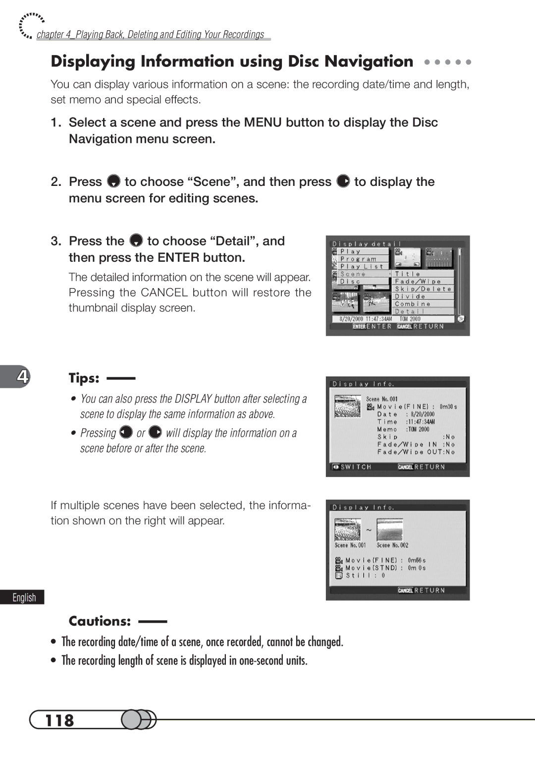 Hitachi DZMV100A instruction manual Displaying Information using Disc Navigation, 118 