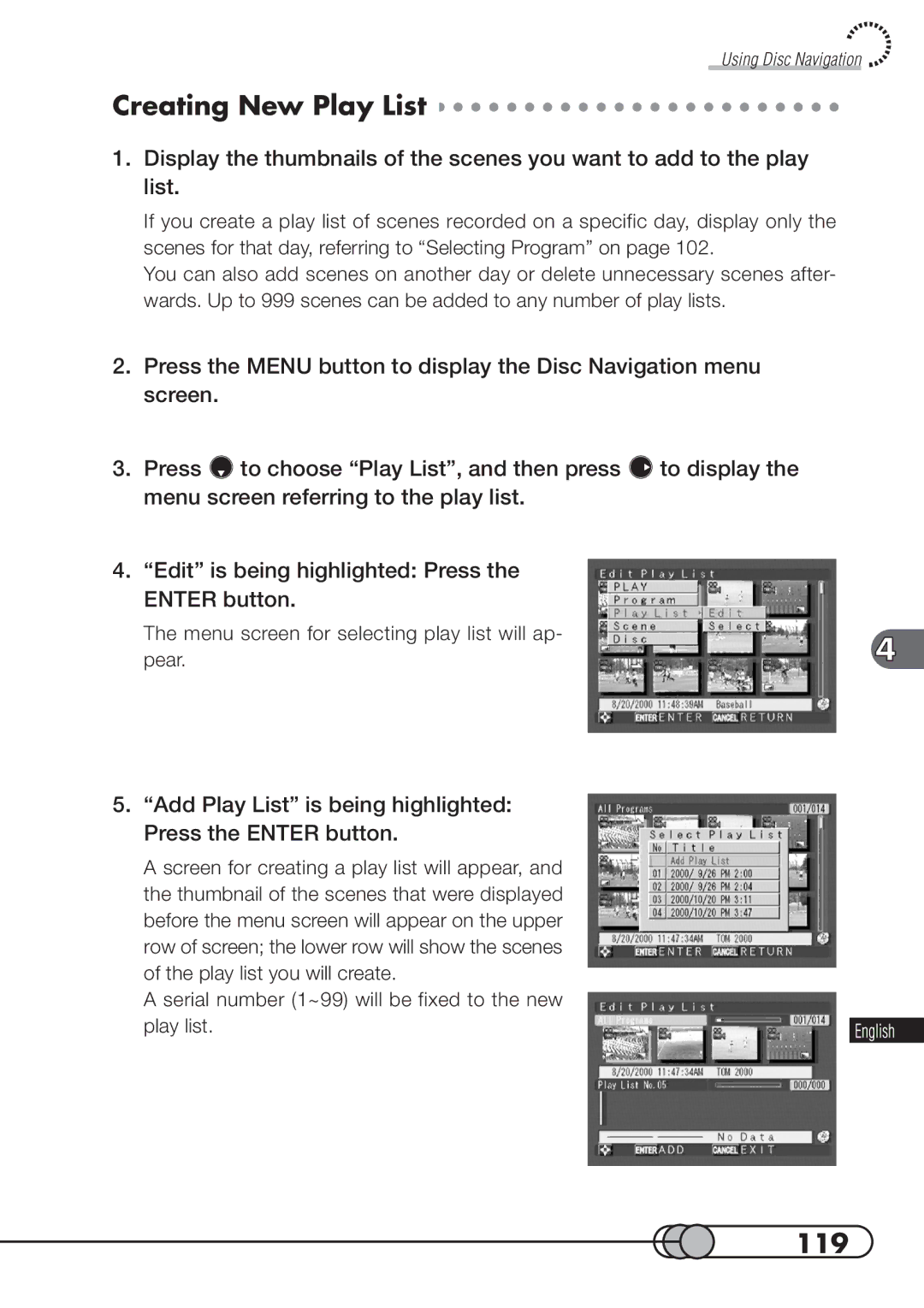 Hitachi DZMV100A instruction manual Creating New Play List, 119, Add Play List is being highlighted Press the Enter button 