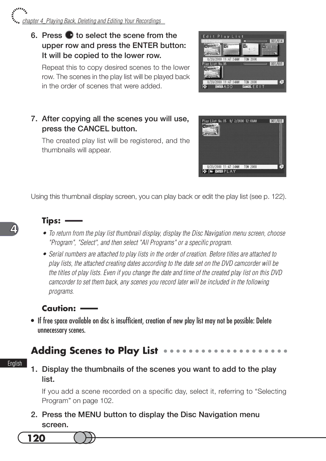 Hitachi DZMV100A instruction manual Adding Scenes to Play List, 120 