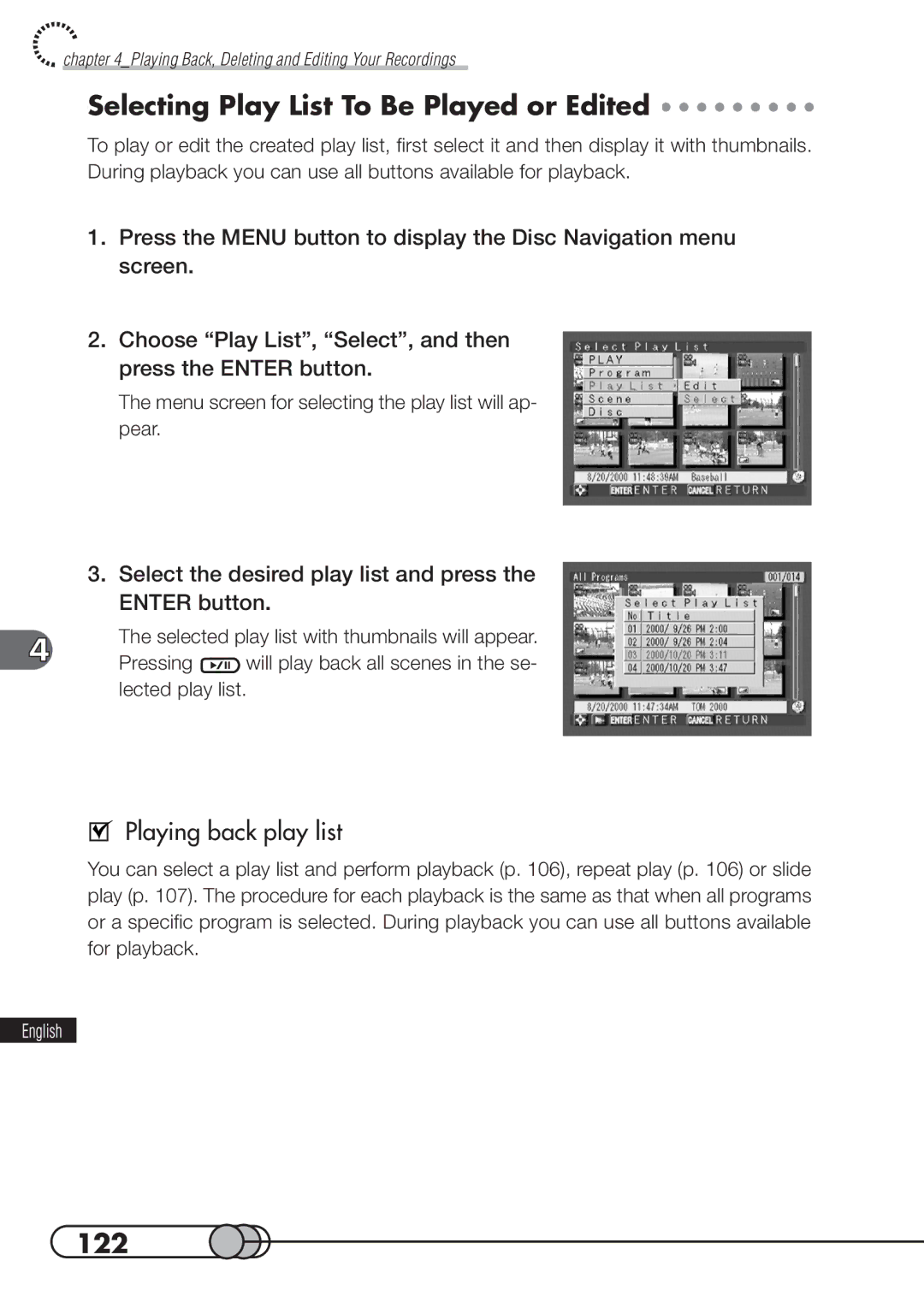 Hitachi DZMV100A instruction manual Selecting Play List To Be Played or Edited, 122, Playing back play list 