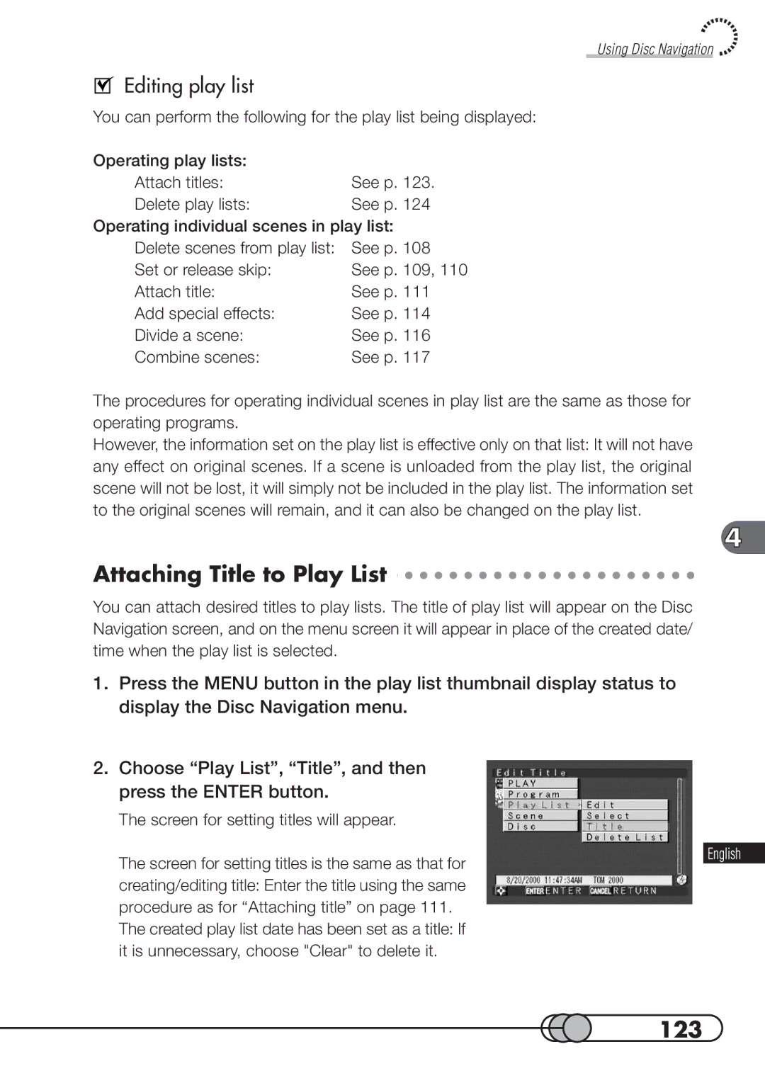 Hitachi DZMV100A instruction manual Attaching Title to Play List, 123, Editing play list 