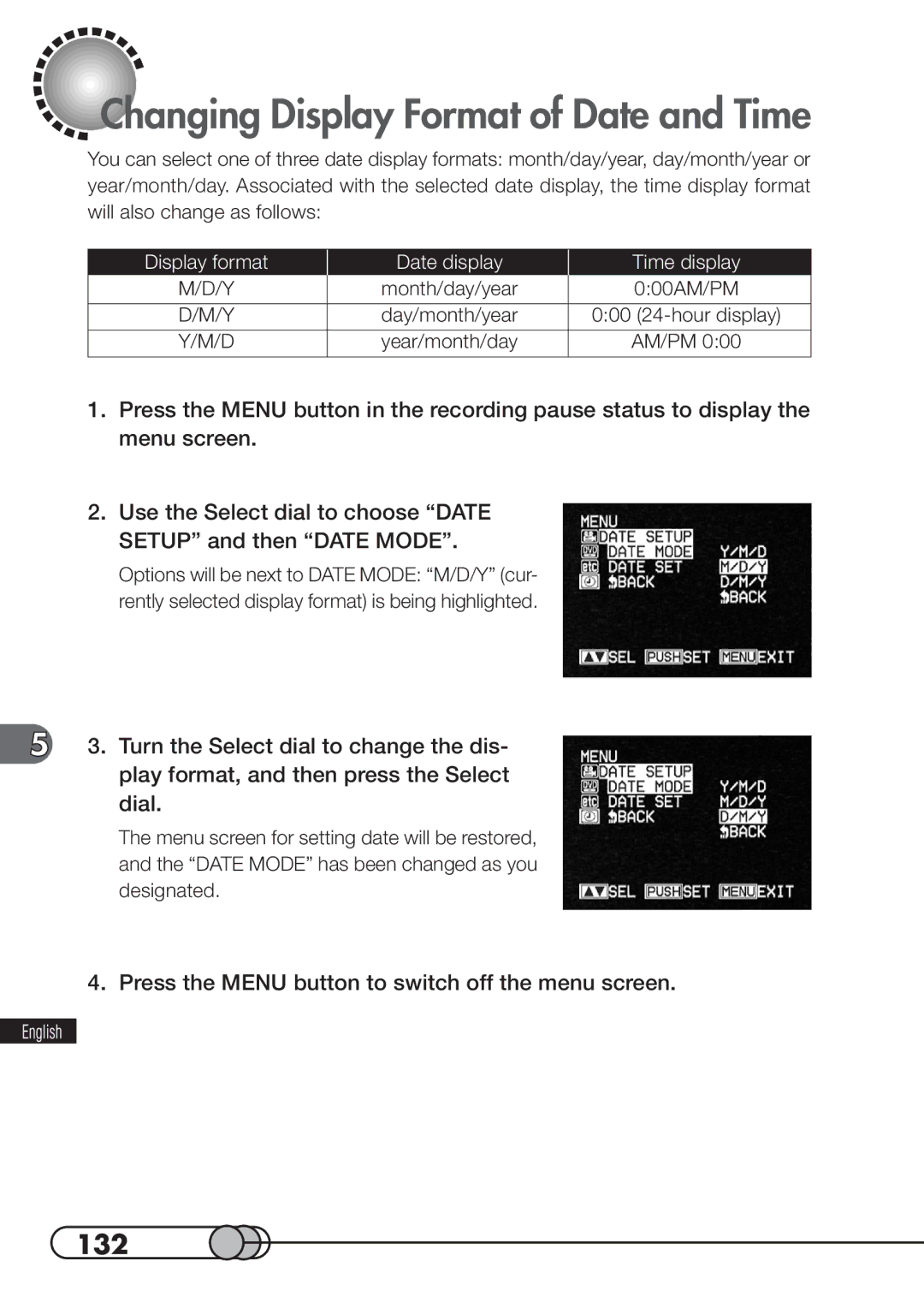 Hitachi DZMV100A instruction manual Changing Display Format of Date and Time, 132 