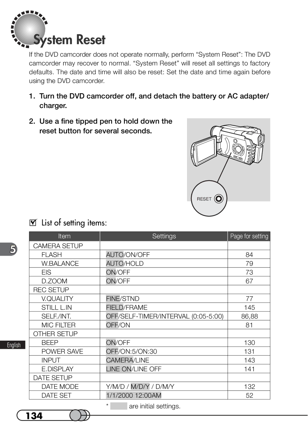 Hitachi DZMV100A instruction manual System Reset, 134, List of setting items 