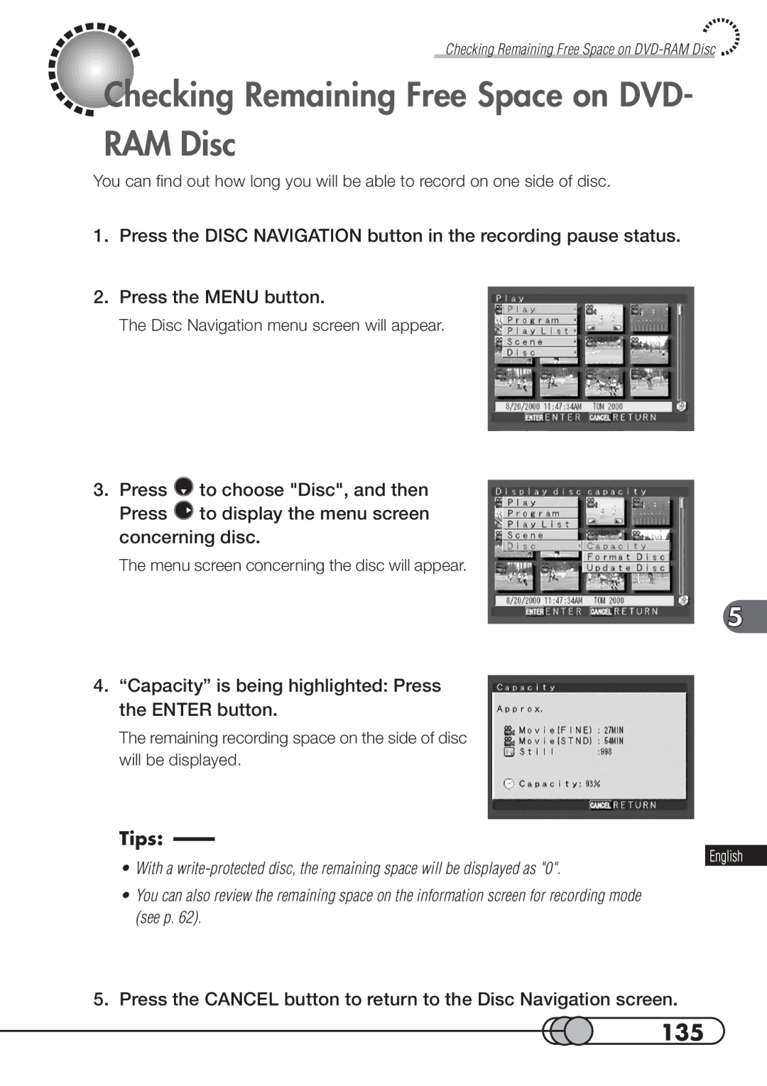 Hitachi DZMV100A Checking Remaining Free Space on DVD- RAM Disc, 135, Capacity is being highlighted Press the Enter button 