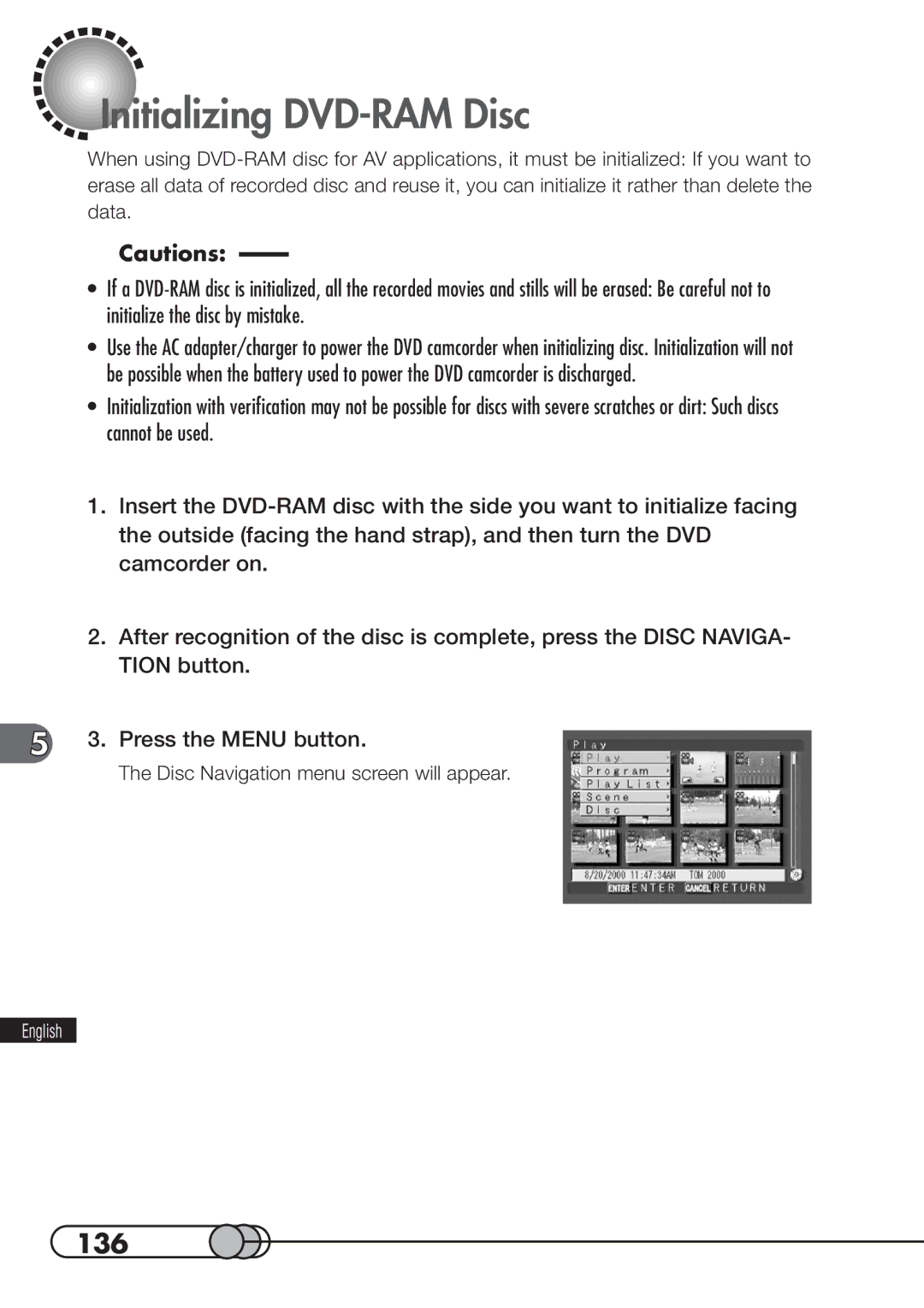 Hitachi DZMV100A instruction manual Initializing DVD-RAM Disc, 136 