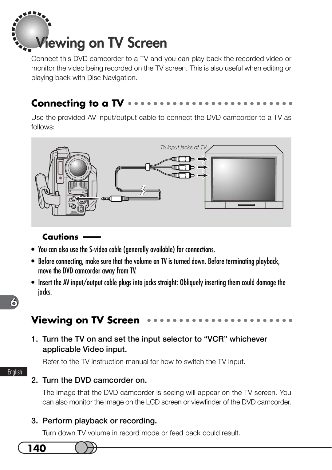 Hitachi DZMV100A instruction manual Viewing on TV Screen, Connecting to a TV, 140, Perform playback or recording 