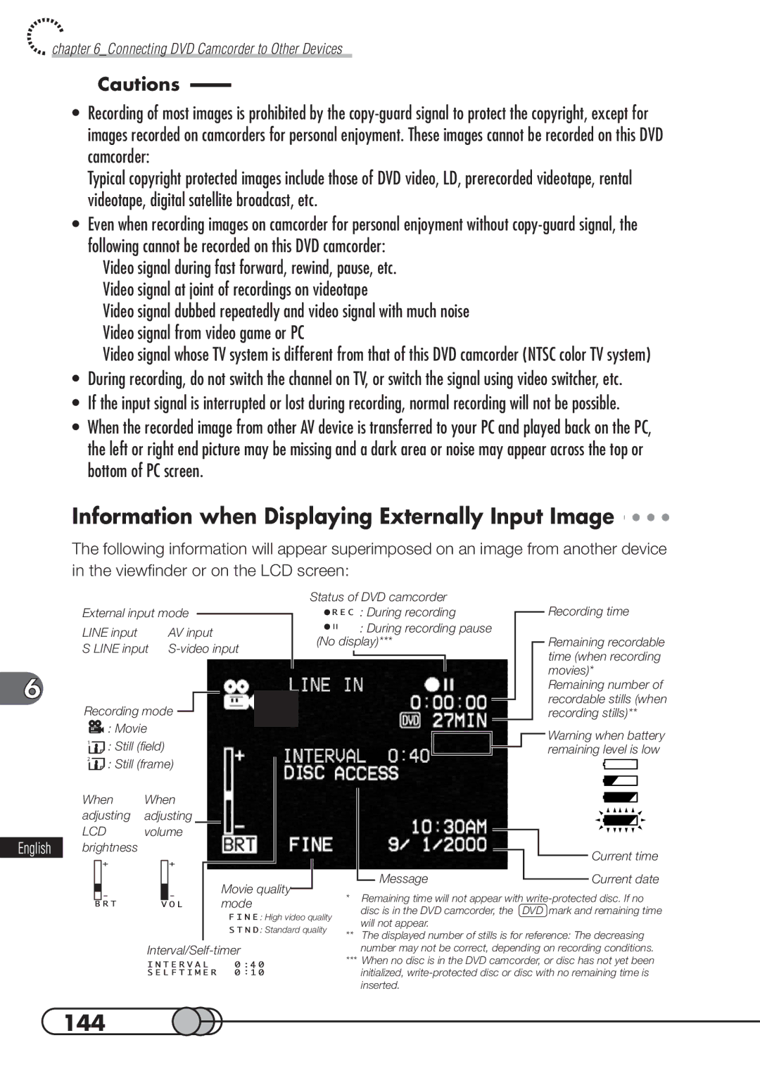 Hitachi DZMV100A instruction manual Information when Displaying Externally Input Image, 144 