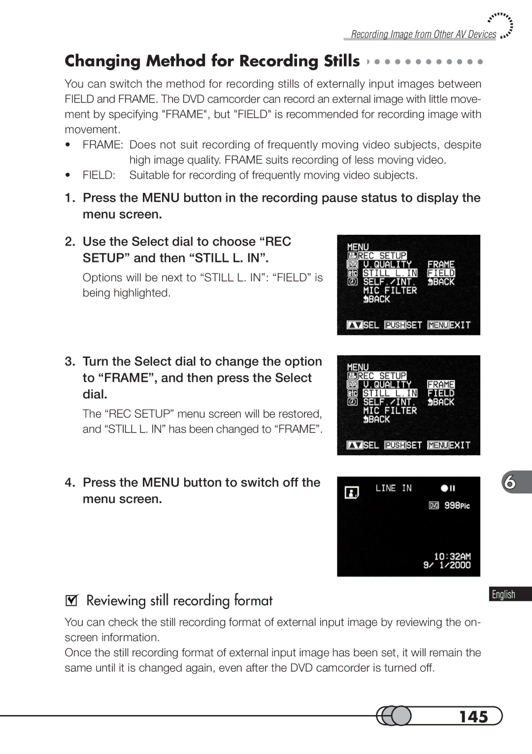 Hitachi DZMV100A instruction manual Changing Method for Recording Stills, 145, Reviewing still recording format 