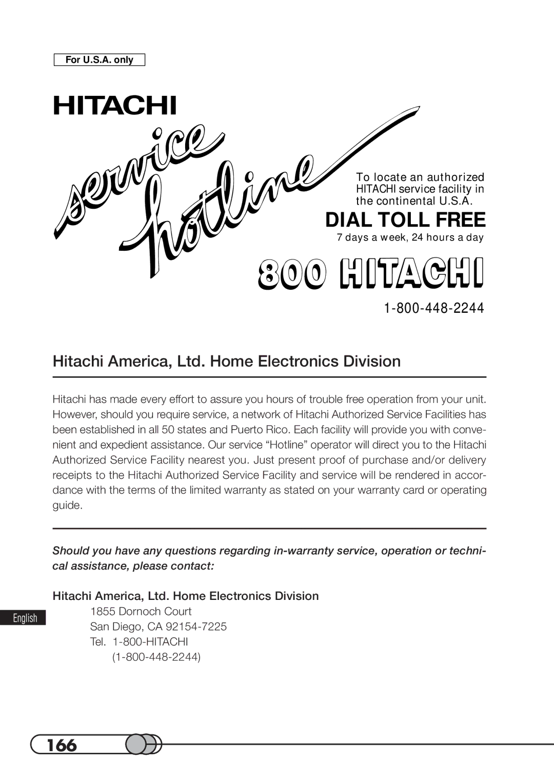 Hitachi DZMV100A instruction manual Dial Toll Free, 166 