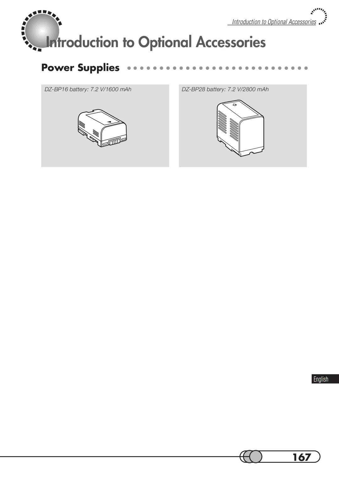 Hitachi DZMV100A instruction manual Introduction to Optional Accessories, Power Supplies, 167 