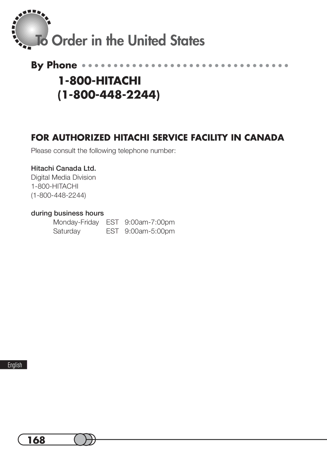 Hitachi DZMV100A instruction manual To Order in the United States, By Phone, 168 