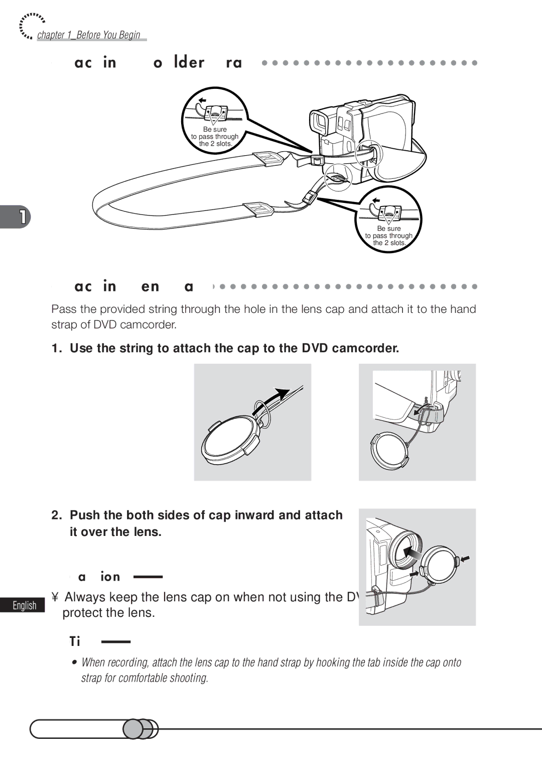 Hitachi DZMV100A instruction manual Attaching Shoulder Strap, Attaching Lens Cap 