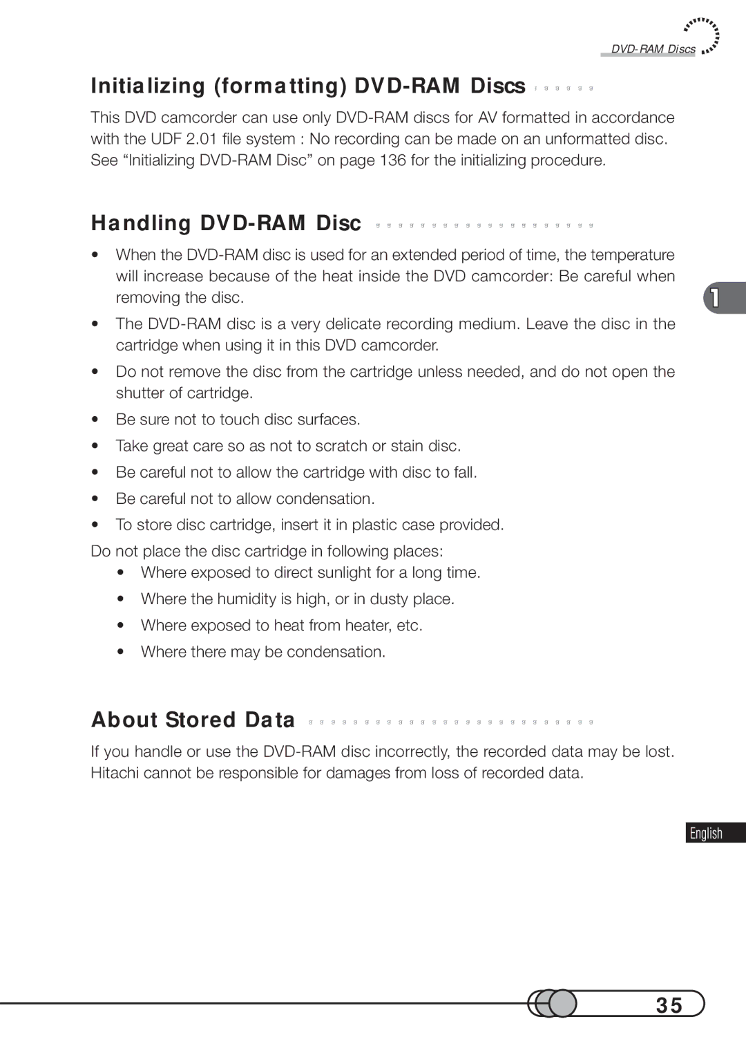 Hitachi DZMV100A instruction manual Initializing formatting DVD-RAM Discs, Handling DVD-RAM Disc, About Stored Data 