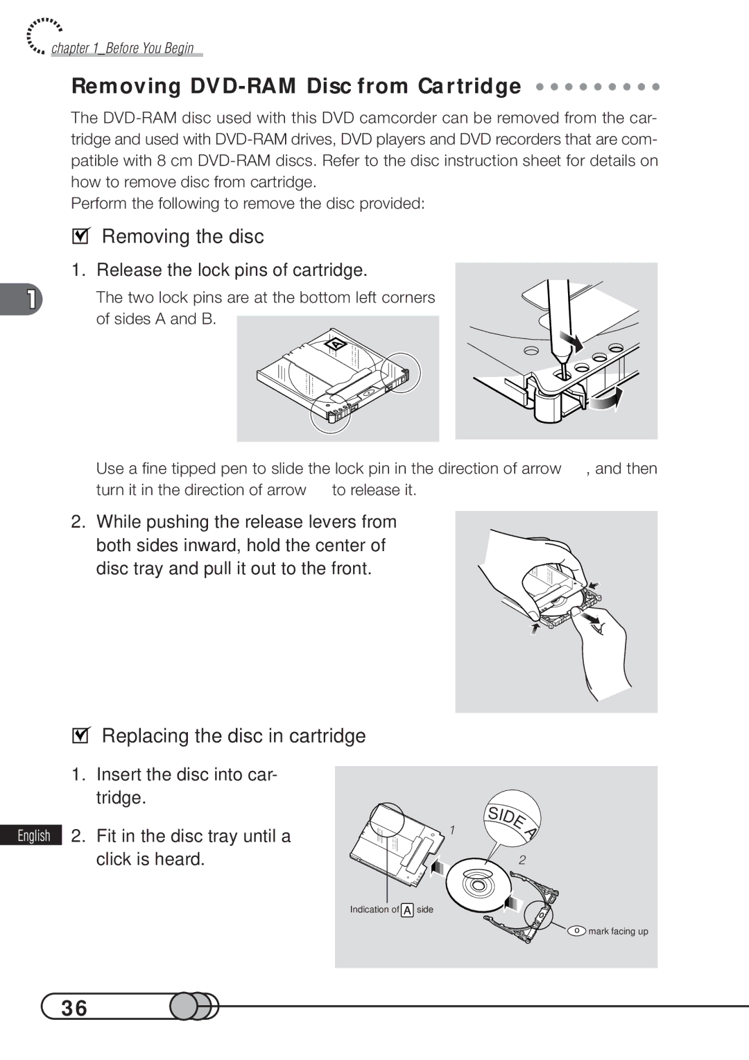 Hitachi DZMV100A Removing DVD-RAM Disc from Cartridge, Removing the disc, Replacing the disc in cartridge 