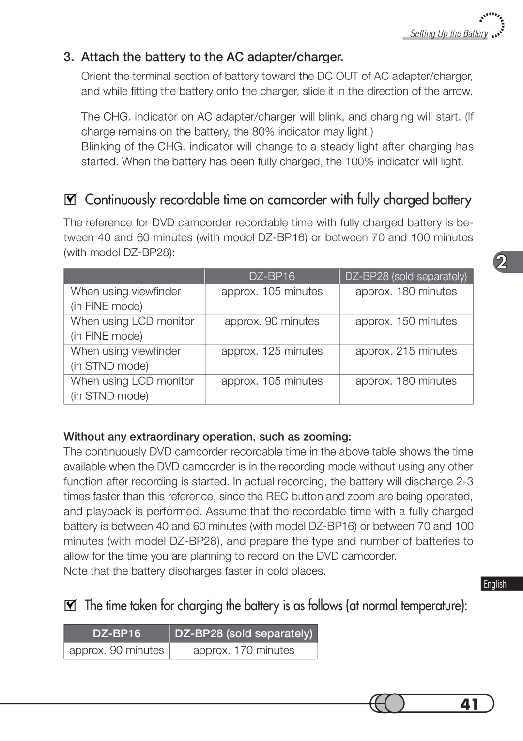 Hitachi DZMV100A instruction manual Attach the battery to the AC adapter/charger, DZ-BP16 