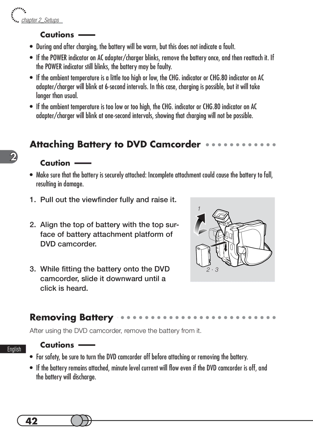 Hitachi DZMV100A Attaching Battery to DVD Camcorder, Removing Battery, Camcorder, slide it downward until a click is heard 