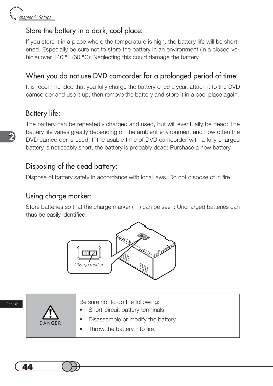 Hitachi DZMV100A Store the battery in a dark, cool place, Battery life, Disposing of the dead battery, Using charge marker 