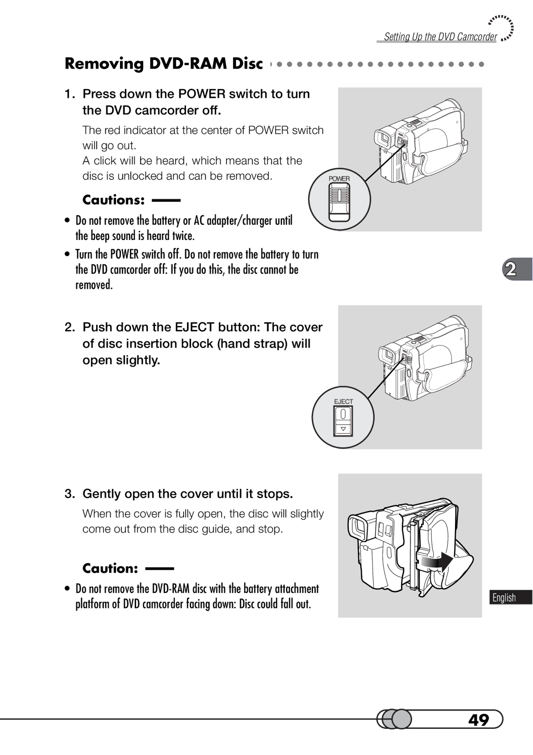 Hitachi DZMV100A instruction manual Removing DVD-RAM Disc, Press down the Power switch to turn the DVD camcorder off 