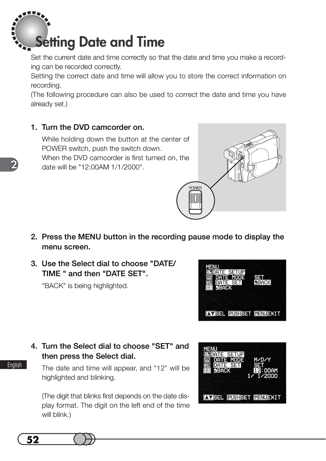 Hitachi DZMV100A instruction manual Setting Date and Time, Turn the DVD camcorder on 