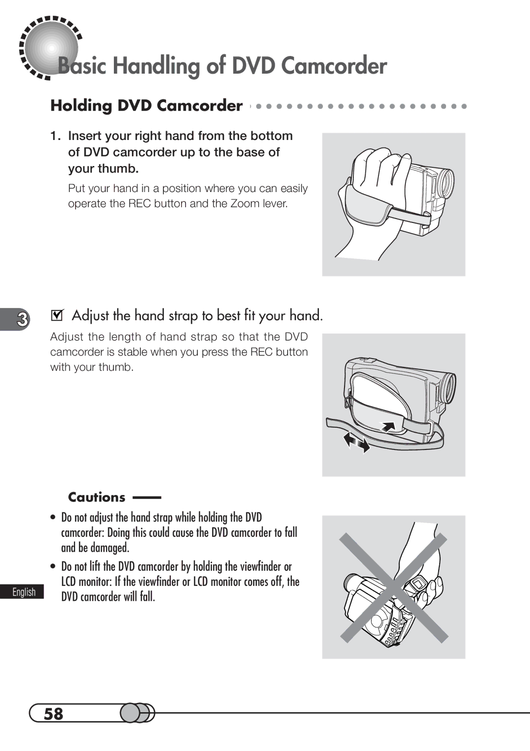 Hitachi DZMV100A Basic Handling of DVD Camcorder, Holding DVD Camcorder, Adjust the hand strap to best fit your hand 