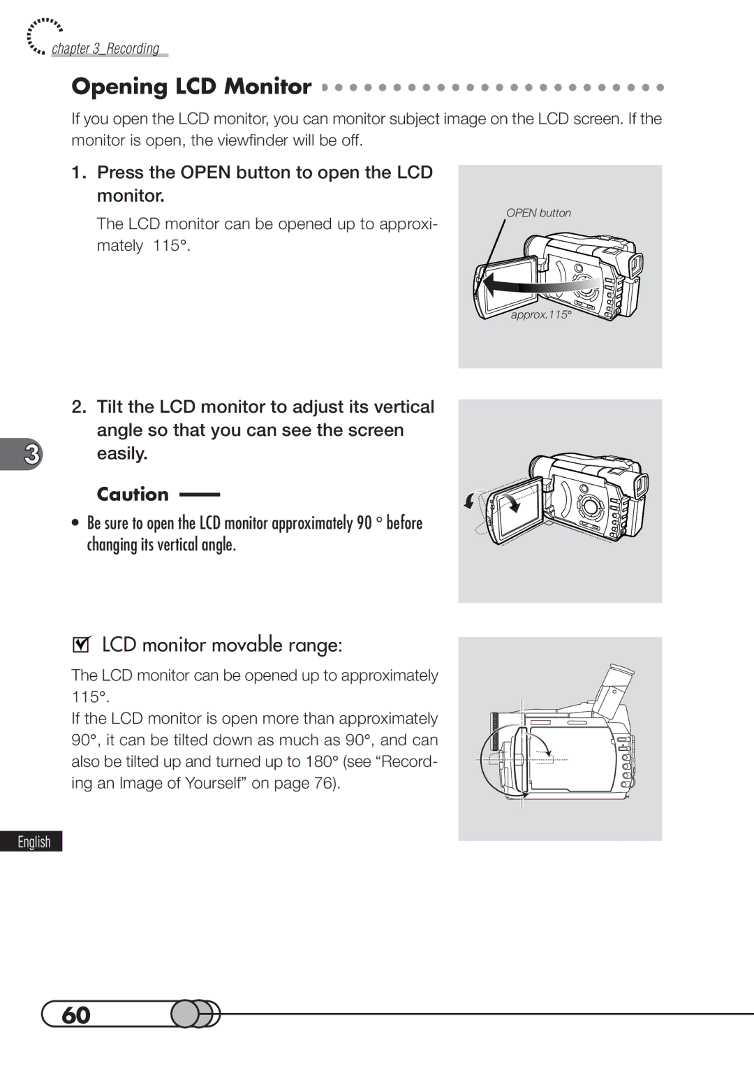 Hitachi DZMV100A Opening LCD Monitor, LCD monitor movable range, Press the Open button to open the LCD monitor 