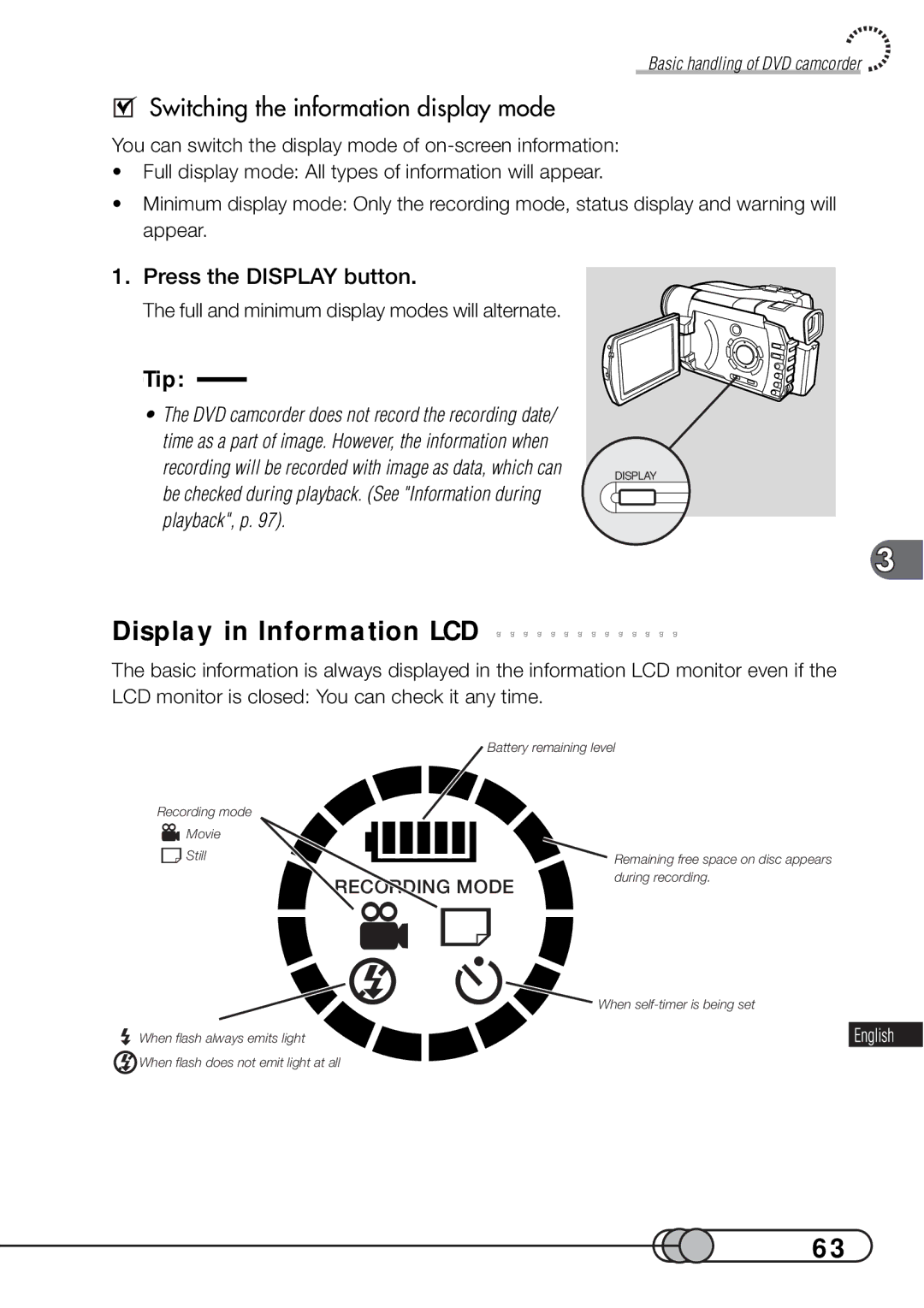 Hitachi DZMV100A Display in Information LCD, Switching the information display mode, Press the Display button 