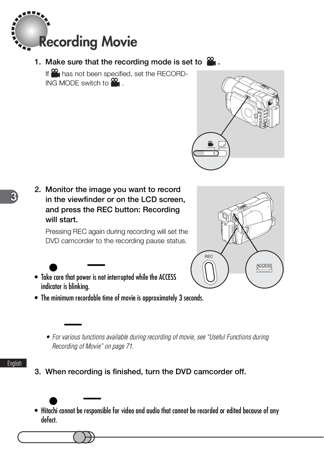 Hitachi DZMV100A instruction manual Recording Movie, Make sure that the recording mode is set to 