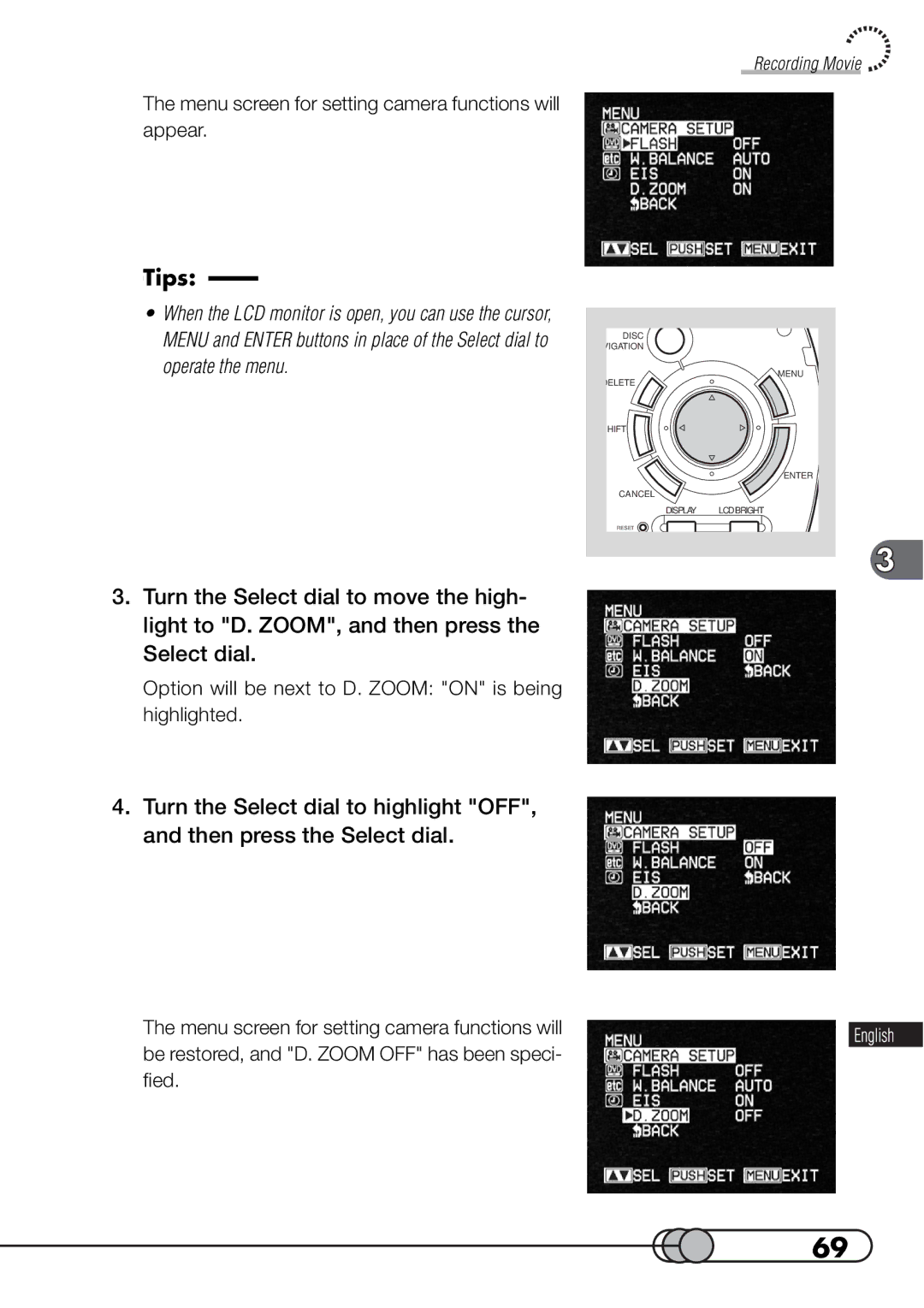 Hitachi DZMV100A instruction manual Menu screen for setting camera functions will appear 