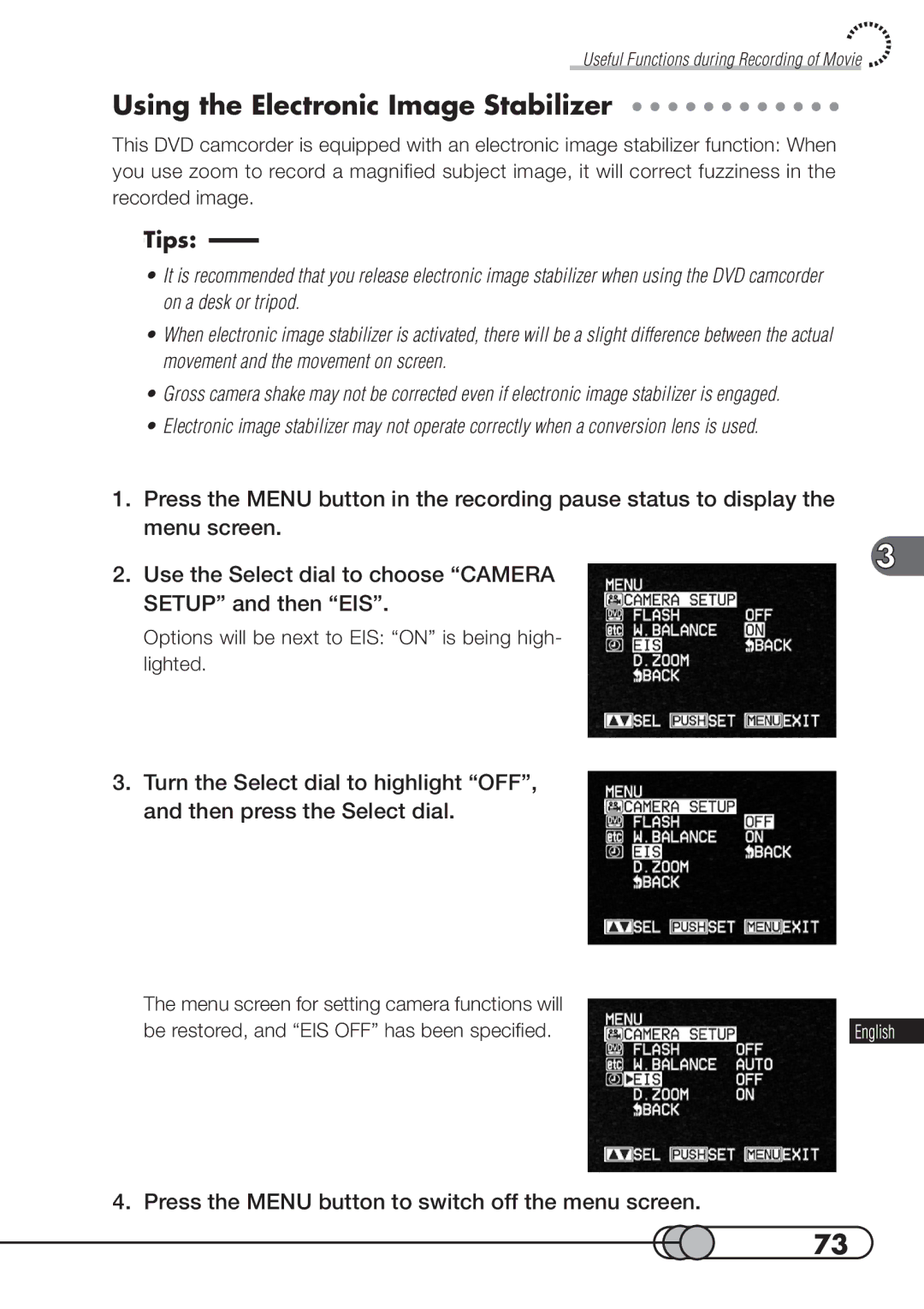 Hitachi DZMV100A Using the Electronic Image Stabilizer, Press the Menu button to switch off the menu screen 