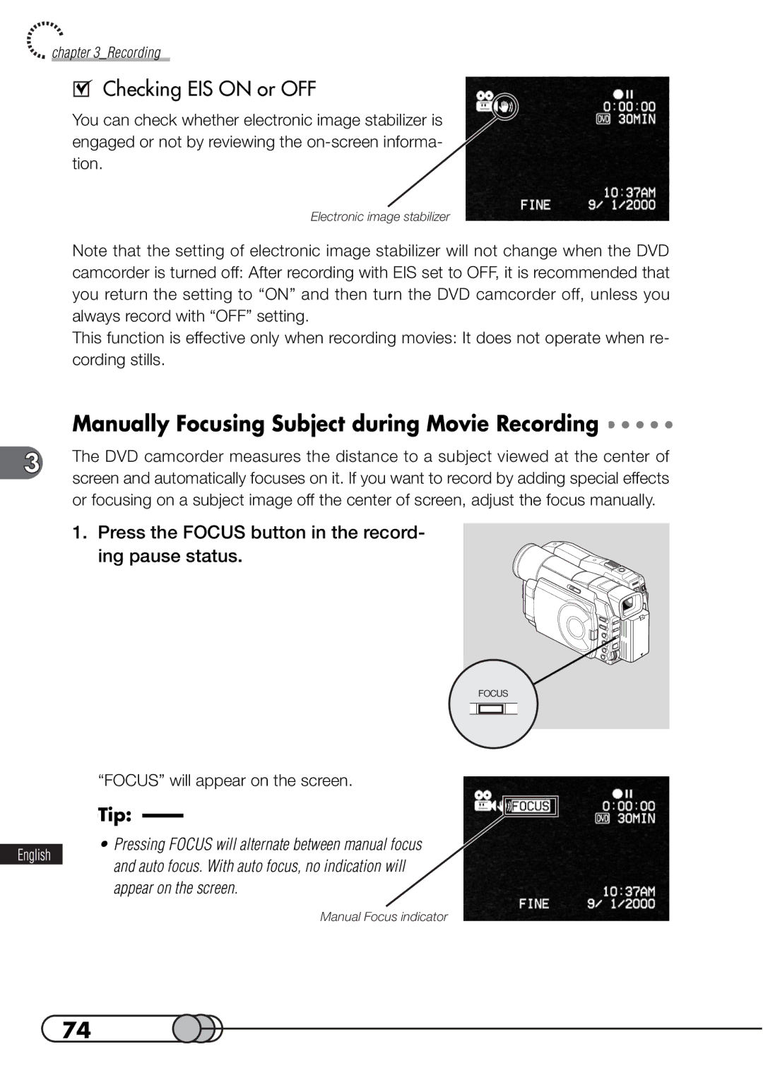 Hitachi DZMV100A instruction manual Manually Focusing Subject during Movie Recording, Checking EIS on or OFF 