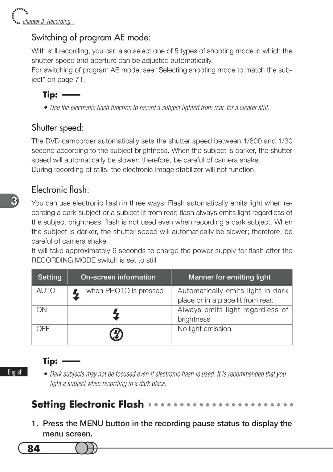 Hitachi DZMV100A instruction manual Setting Electronic Flash, Switching of program AE mode, Shutter speed, Electronic flash 