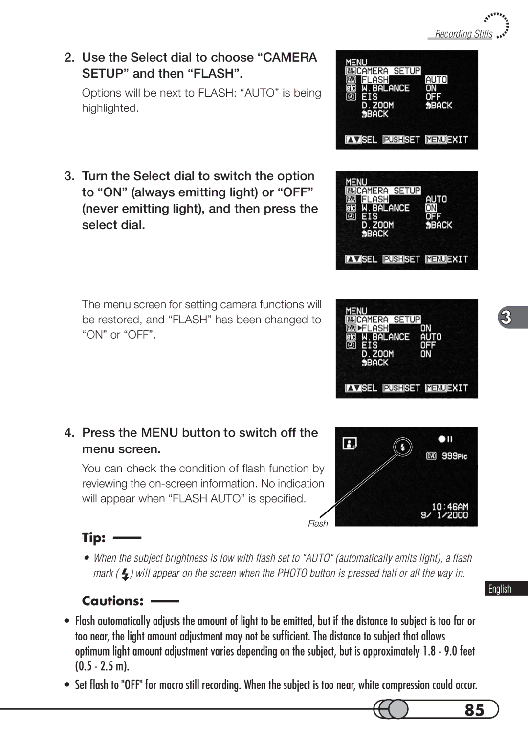 Hitachi DZMV100A instruction manual Use the Select dial to choose Camera Setup and then Flash 