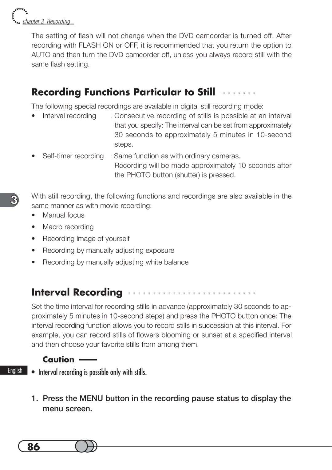 Hitachi DZMV100A instruction manual Recording Functions Particular to Still, Interval Recording 