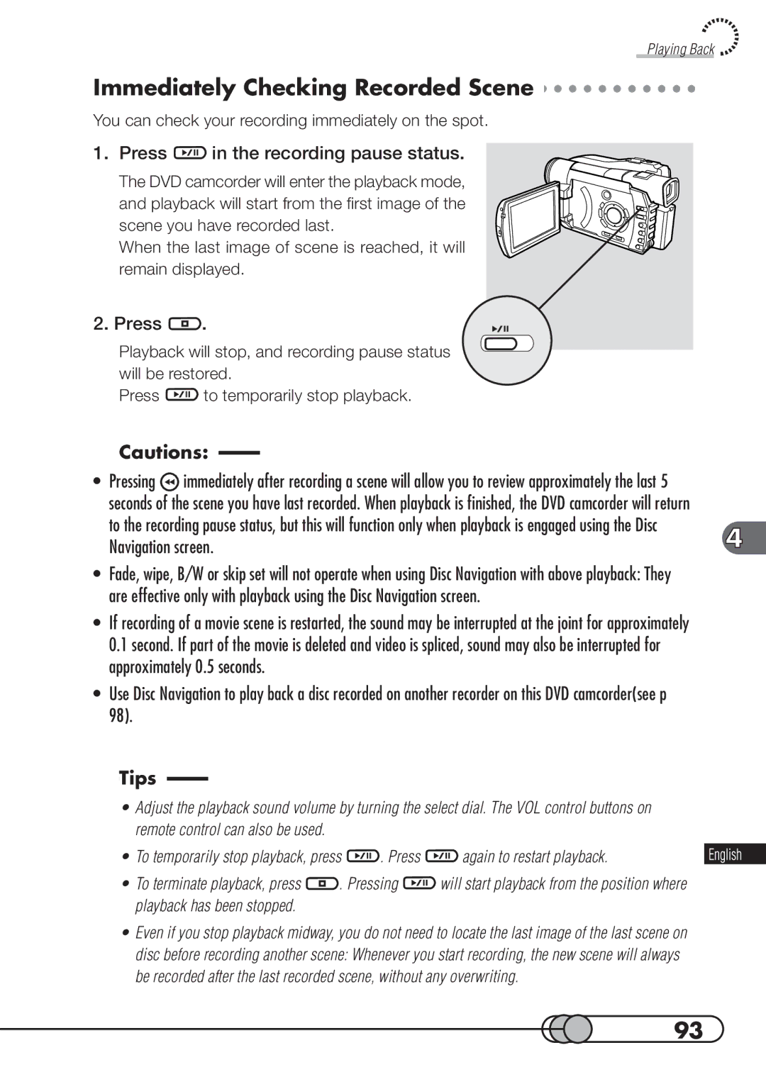 Hitachi DZMV100A instruction manual Immediately Checking Recorded Scene, Press in the recording pause status 