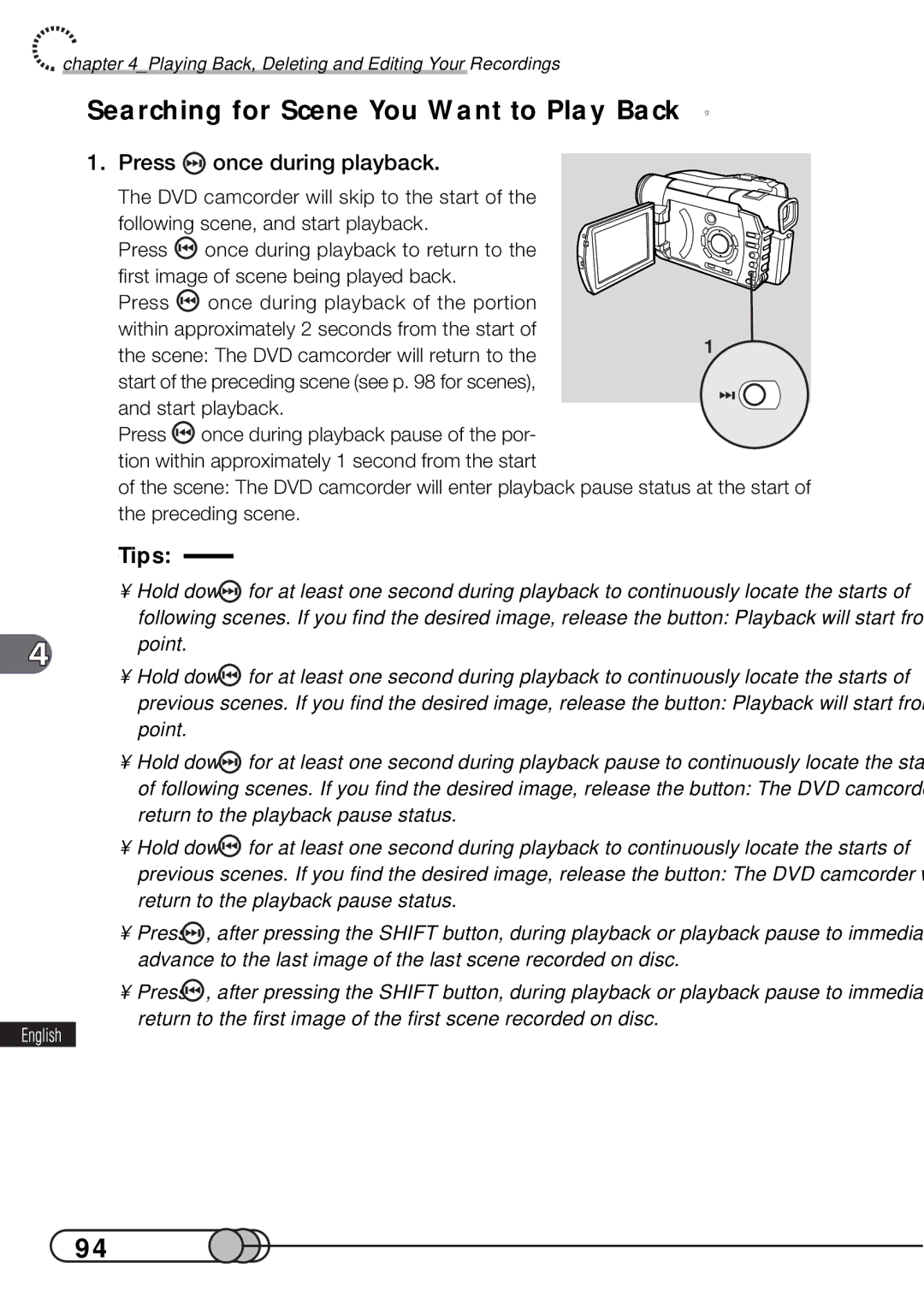 Hitachi DZMV100A instruction manual Searching for Scene You Want to Play Back, Press once during playback 