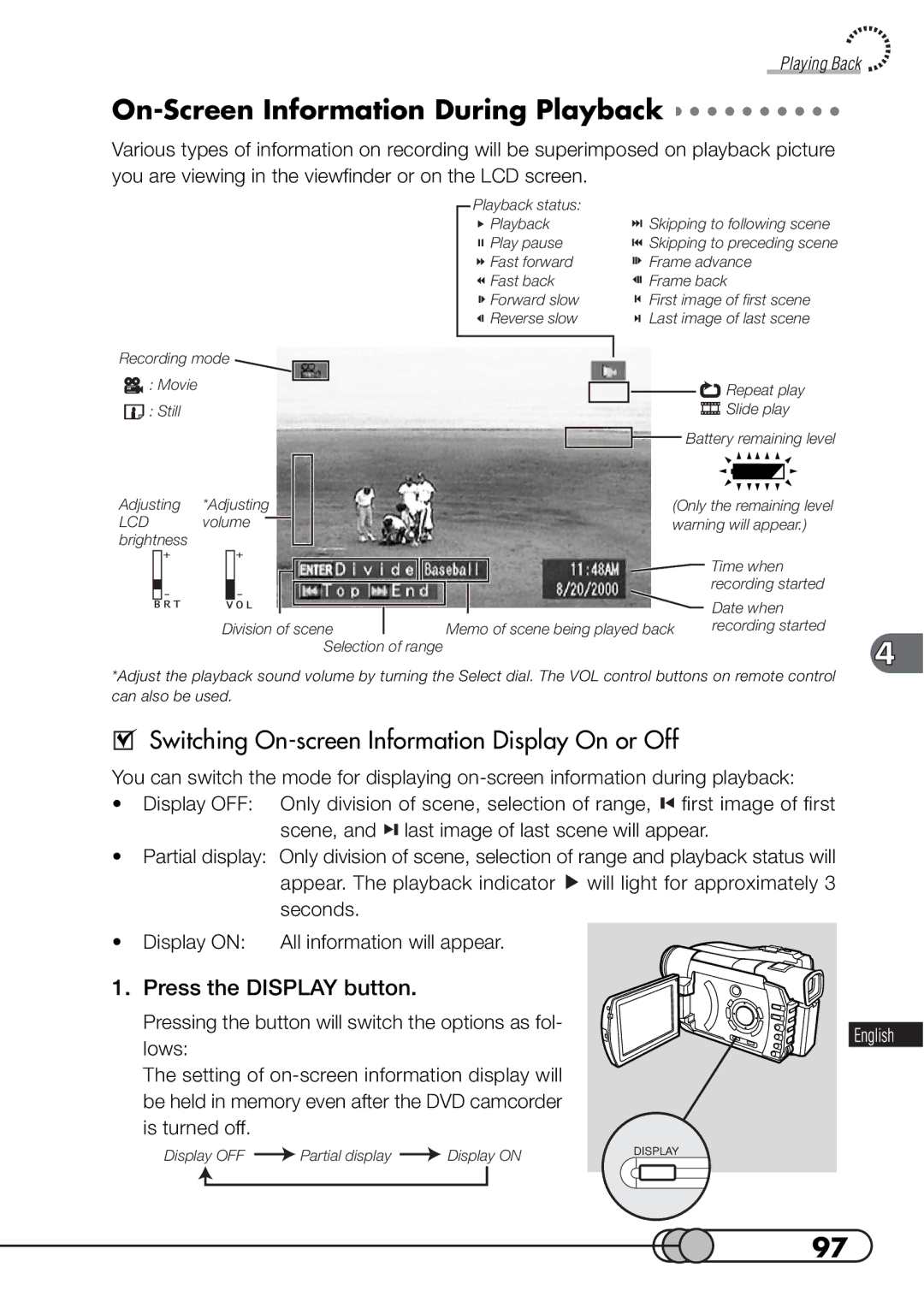 Hitachi DZMV100A On-Screen Information During Playback, Switching On-screen Information Display On or Off 