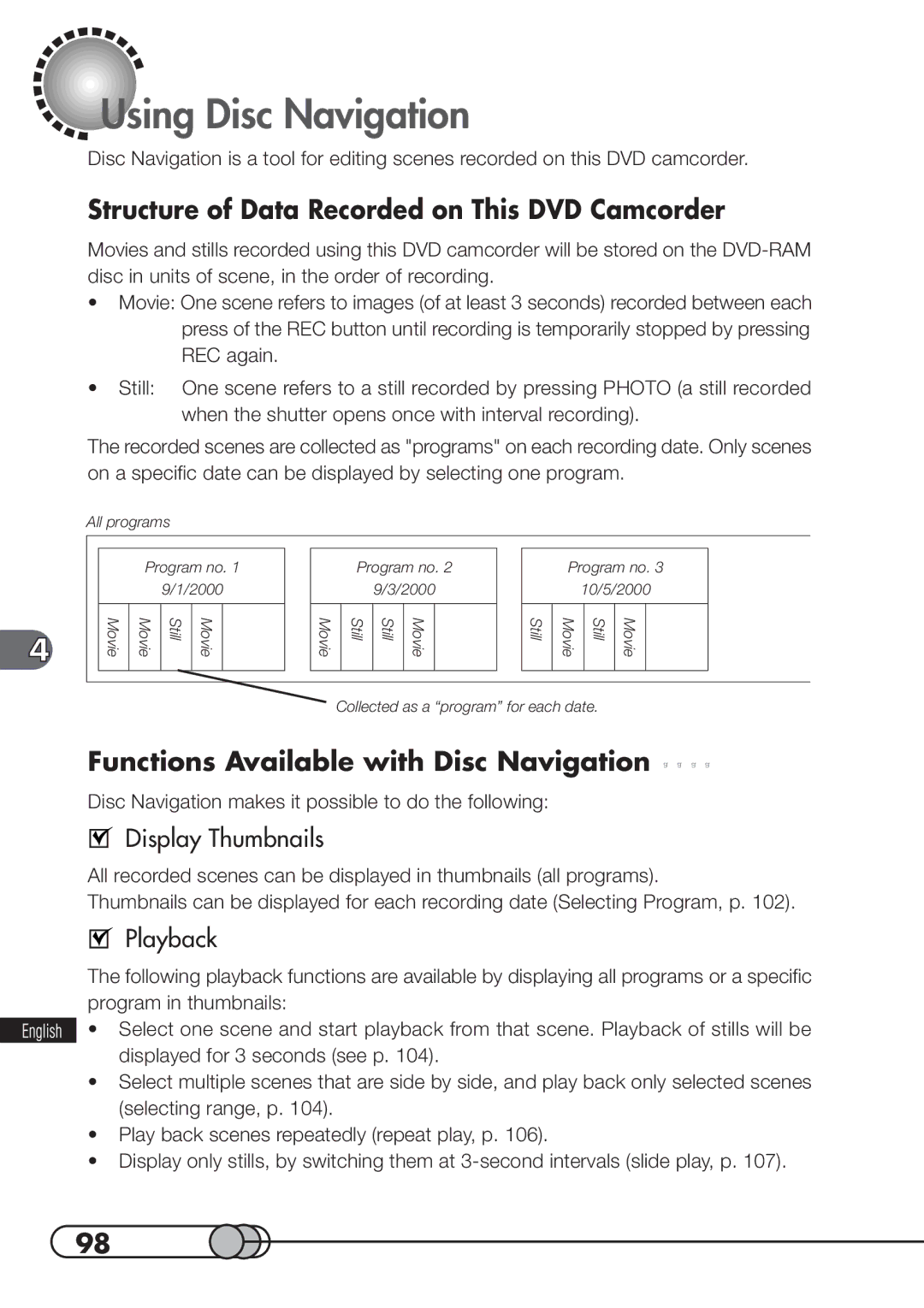 Hitachi DZMV100A Using Disc Navigation, Structure of Data Recorded on This DVD Camcorder, Display Thumbnails, Playback 