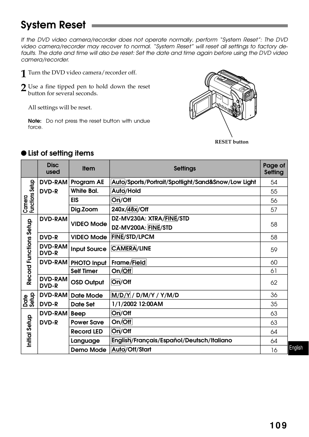 Hitachi DZMV200A, DZMV230A instruction manual System Reset, List of setting items 